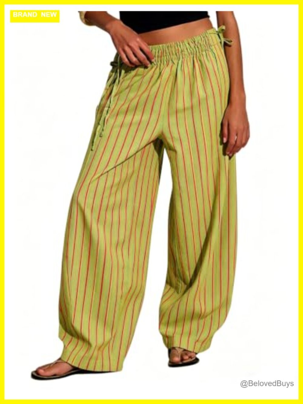 Women Drawstring Striped Wide Leg Palazzo Pants Cotton Blend Boho Summer